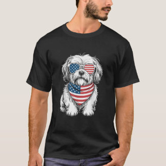 T-shirt Chien Lhasa Apso Lunettes de soleil Drapeau USA Pa