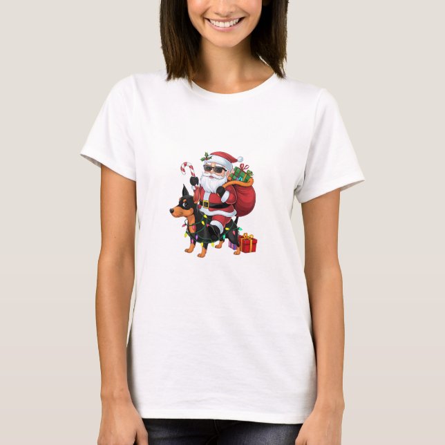 T-shirt Chien miniature à cheval Père Noël Éclairage de No (Devant)
