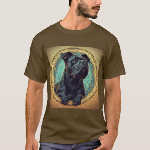 T-shirt Chien noir encadré par un dessin artistique orné