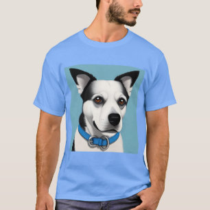 T-shirt Chien noir et blanc avec collier bleu