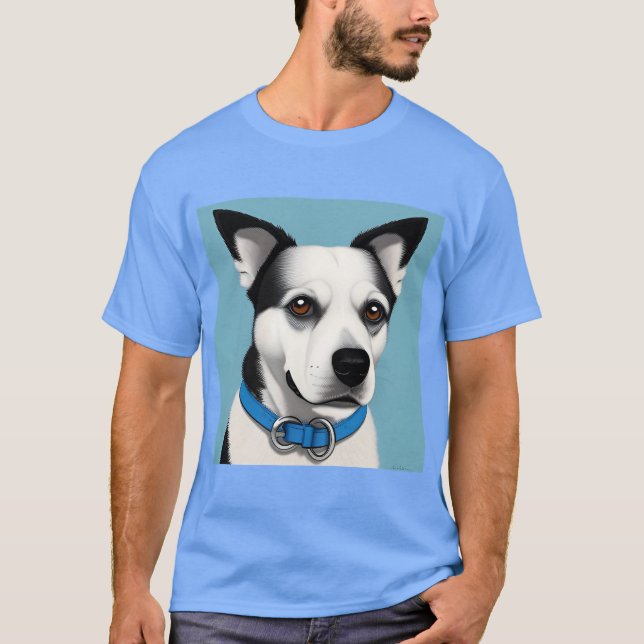 T-shirt Chien noir et blanc avec collier bleu (Devant)