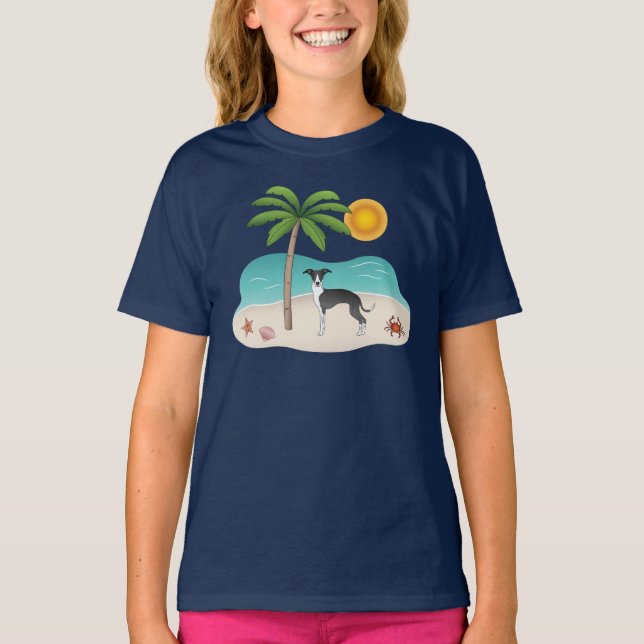 T-shirt Chien Noir Et Blanc Iggy À La Plage Tropicale D'Ét (Devant)