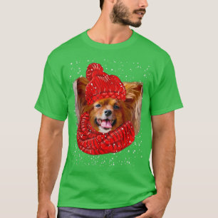 T-shirt Chien Papillon Mignon Chapeau Écharpe Noël Joyeux