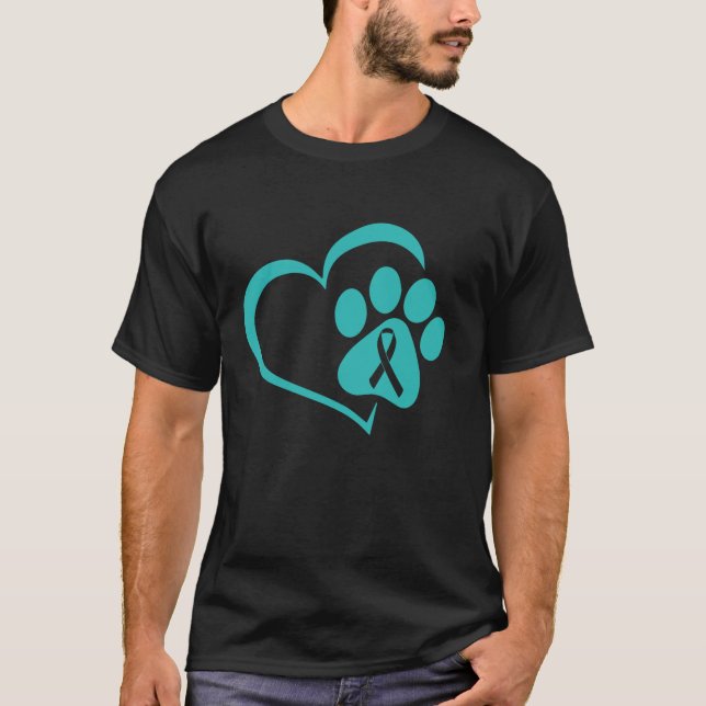 T-shirt Chien Paw Ruban Turquoise Cervical Cancer Sensibil (Devant)