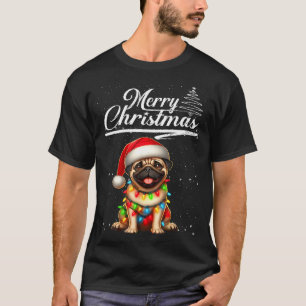 T-shirt Chien Pug Drôle Lumières de Noël Chapeau de Père N