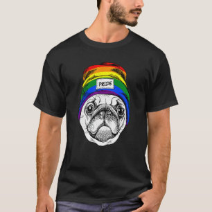 T-shirt Chien Pug Mignon Portant un Chapeau de Fierté Arc-