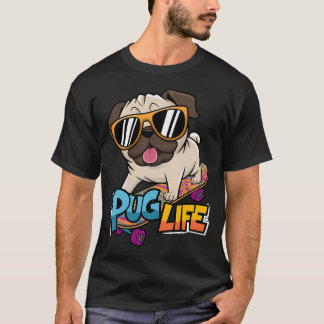 T-shirt Chien Pug Stylé sur Planche à Roulettes Graphique 