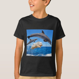 T-shirt Chien saute avec dauphin pour hommes femmes 