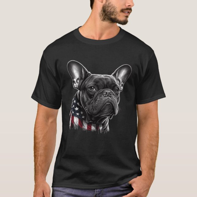 T-shirt Chien-taureaux Français Avec Drapeau Américain Sur (Devant)