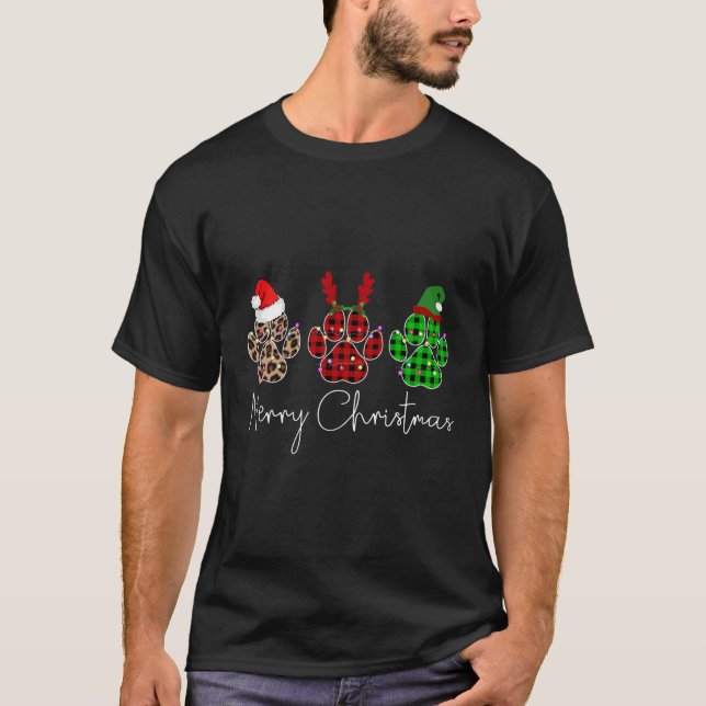 T-shirt Chiens paw Buffalo Plaid Leopard Design Joyeux Chr (Devant)