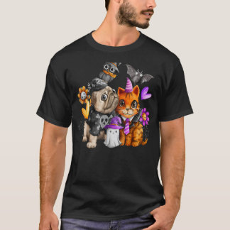 T-shirt Chiens Pugs et Chat Mignon Halloween Chat Chien Te