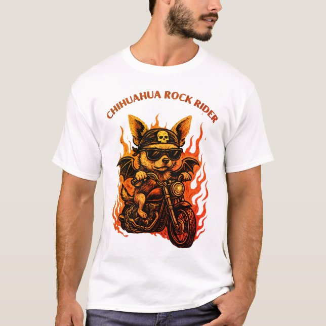 T-shirt Chihuahua Biker Chig sur moto avec flammes (Devant)