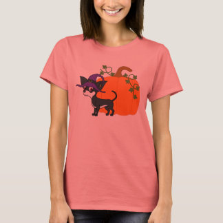 T-shirt Chihuahua blanc et noir avec Citrouille Halloween