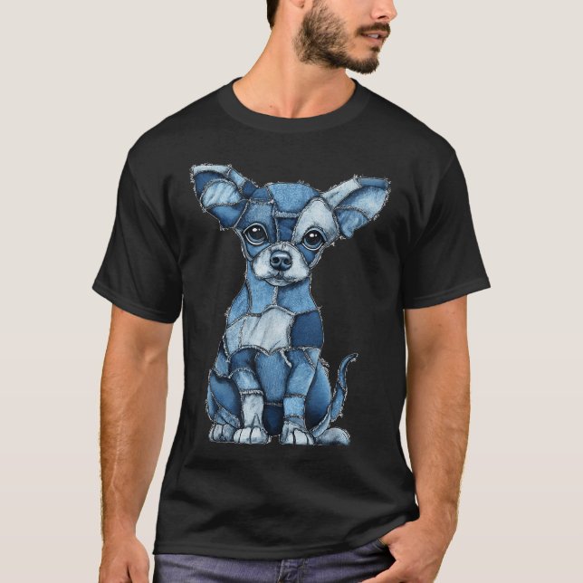 T-shirt Chihuahua Chien Blue Denim Patchwork (Devant)