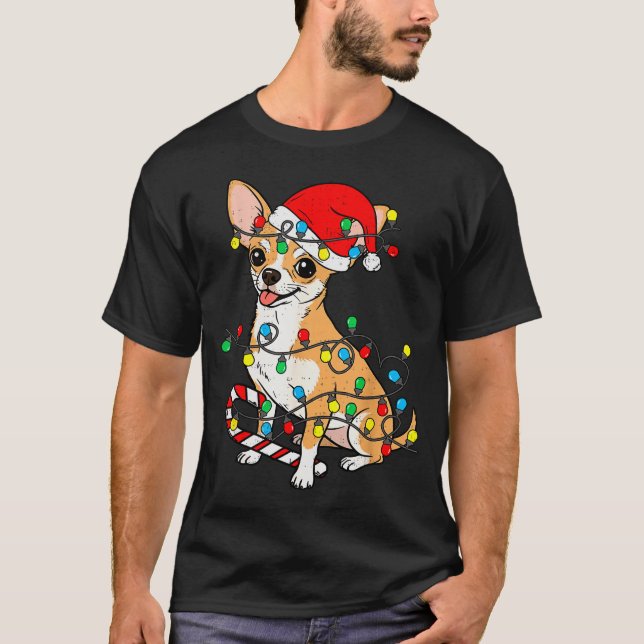 T-shirt Chihuahua Dog Christmas Lights Santa Xmas Pet Dog  (Devant)