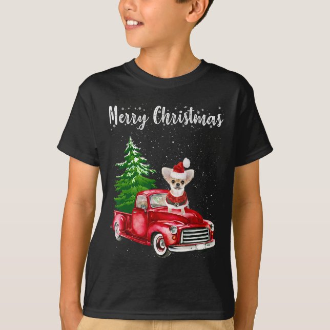 T-shirt Chihuahua équitation Camion Rouge Joyeux Noël Chie (Devant)
