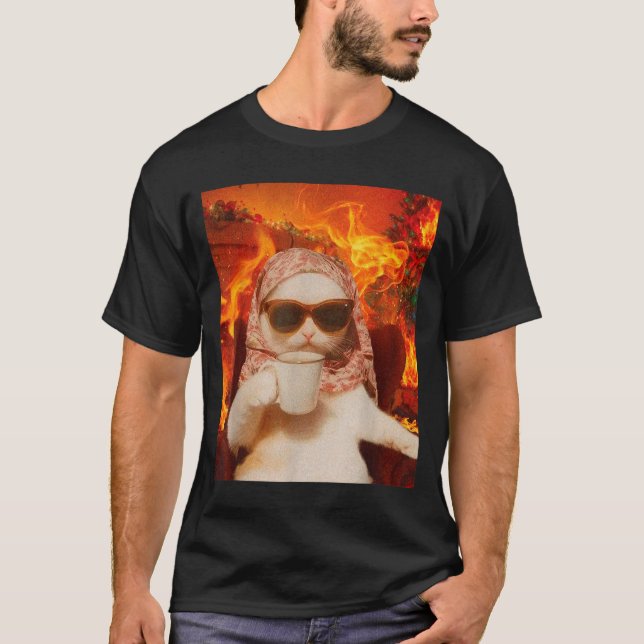 T-shirt Chill Cat And Coffe Xmas Funny Cat Meme Y2k Joke  (Devant)