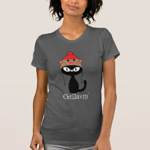 T-shirt Chillaxin' Black Cat with Sock Monkey Casquette