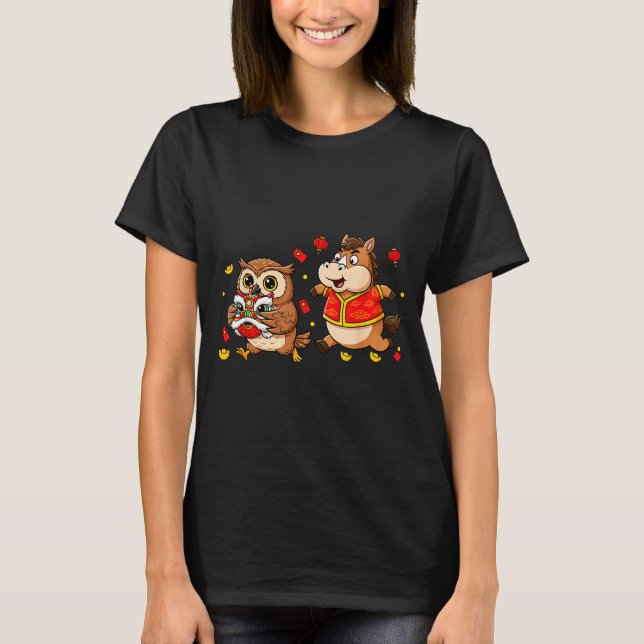 T-shirt Chinese Horse Owl Funny Kids Mens Womens Happy New (Devant)