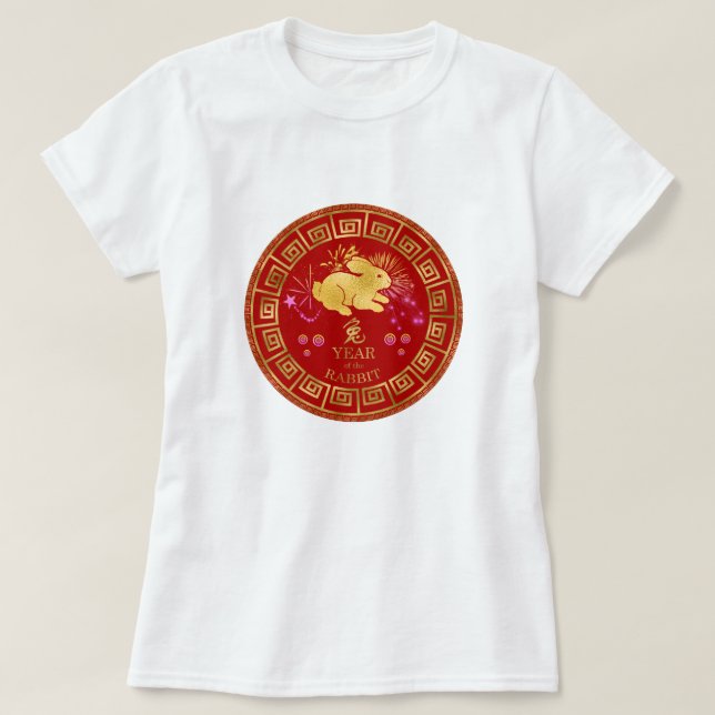 T-shirt Chinois Zodiac Rabbit Rouge/Or ID542 (Design devant)