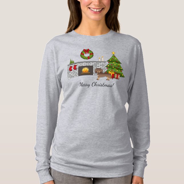 T-shirt Chocolat Et Tan Cheveux Court Dachshund - Noël (Devant)