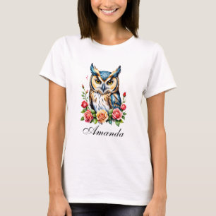 T-shirt Chouette aquarelle avec Fleurs Fille