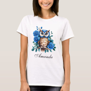 T-shirt Chouette bleu aquarelle et Rose