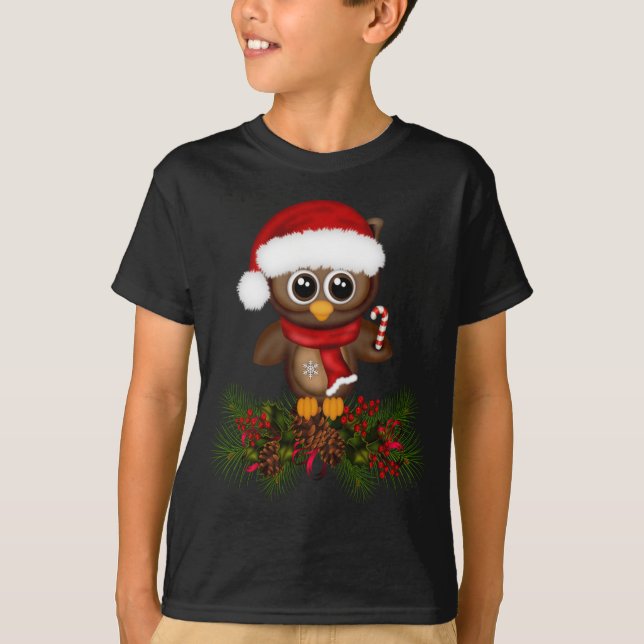 T-shirt Chouette de Noël mignonne sur la branche de pin (Devant)