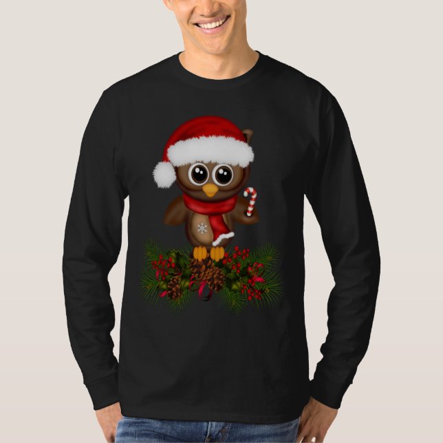 T-shirt Chouette de Noël mignonne sur la branche de pin Ch (Devant)