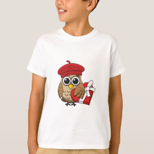 T-shirt Chouette mignonne avec béret rouge et boîte cardia