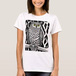T-shirt Chouette noire et blanche aux yeux jaunes