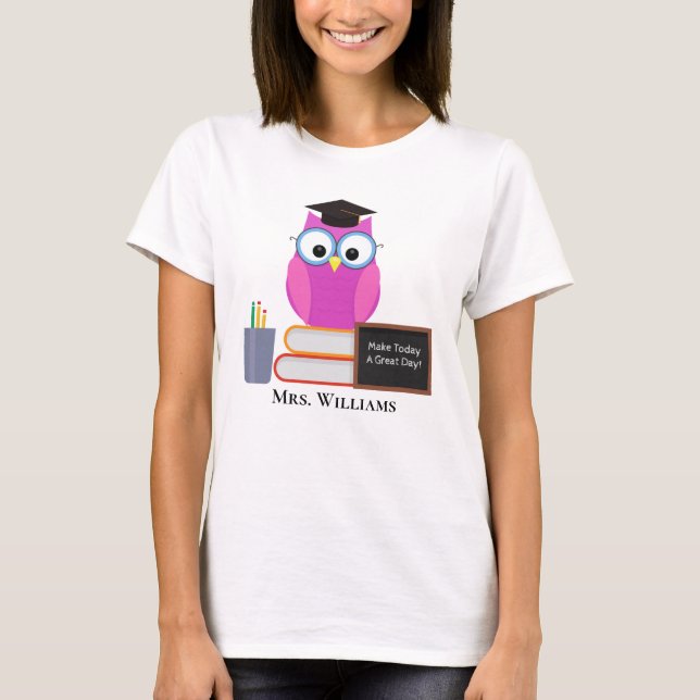 T-shirt Chouette Rose Mignonne Enseignante Retour À L'Écol (Devant)