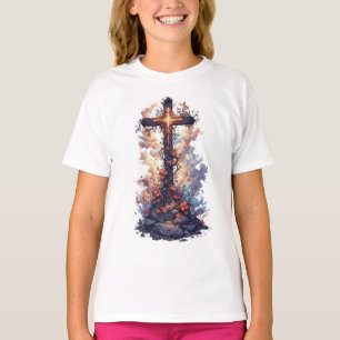 T-shirt chrétien à croix florale jolie pour fille