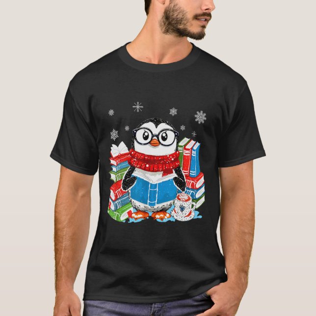 T-shirt Christmas A Penguin Reading Book Snowflake Cocoa H (Devant)