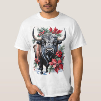T-shirt Christmas Bison With Big Horns And Poinsettias