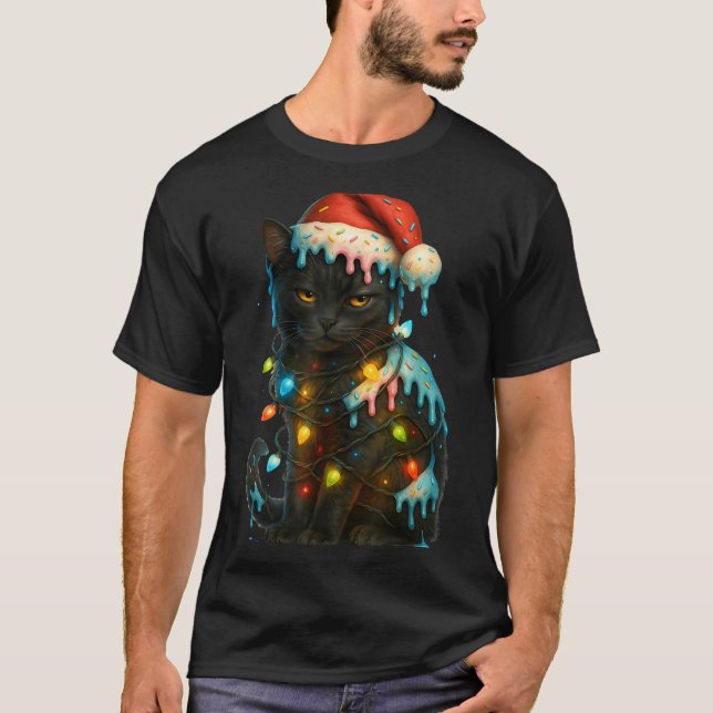 T-shirt Christmas Black Cat Ice Cream Drip Santa Hat Cute  (Devant)