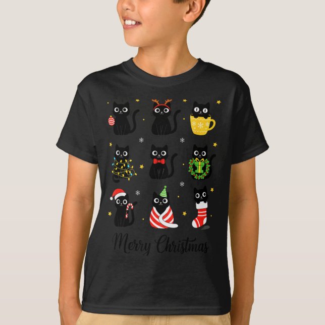 T-shirt Christmas Black Cats Merry Christmas Cute Holiday  (Devant)