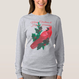 T-shirt Christmas Cardinal Holly & Berries Long Sleeve Tee