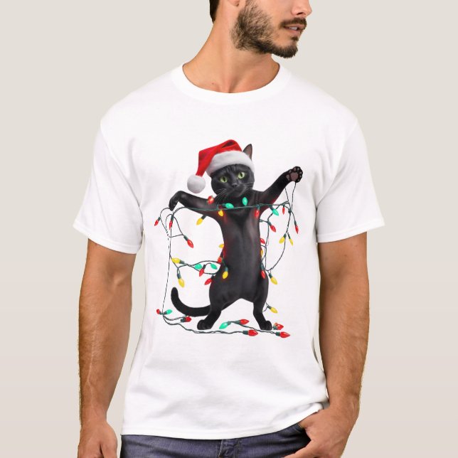 T-shirt Christmas Cat Holiday Lights (Devant)
