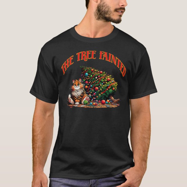 T-shirt Christmas cat tree fainted down ornaments broken f (Devant)