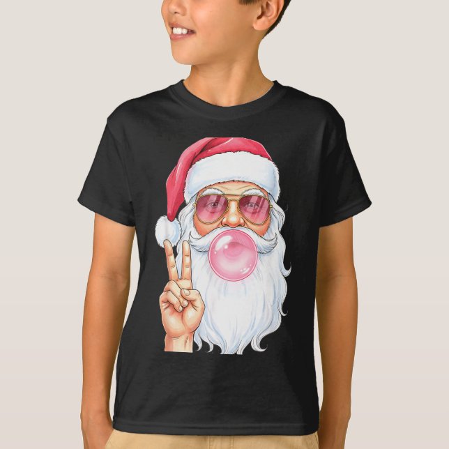 T-shirt Christmas Cool Santa Bubble Gum Peace Sign Retro S (Devant)