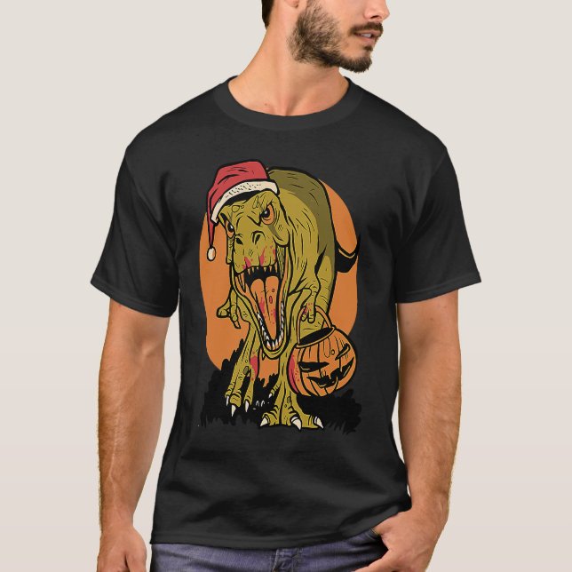 T-shirt Christmas Dinosaur rex Halloween Pumpkin  Cool (Devant)