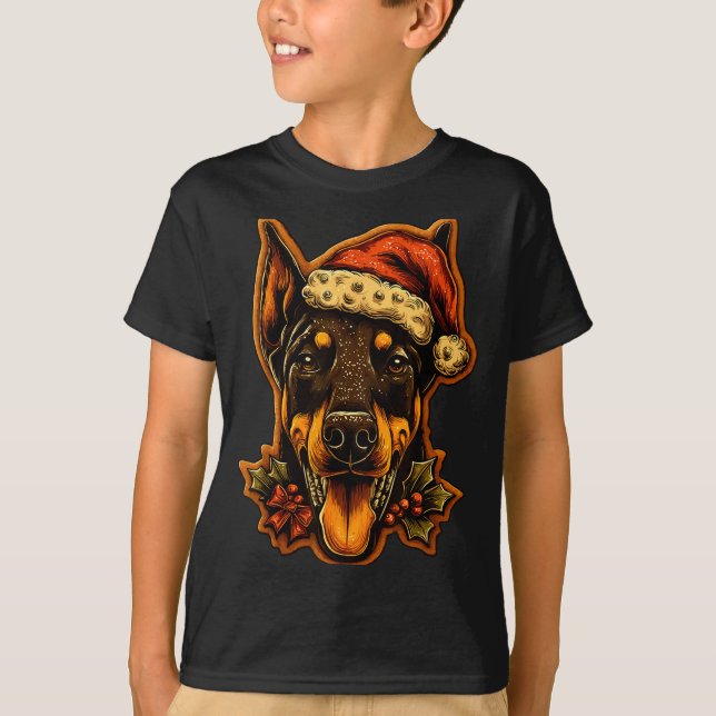 T-shirt Christmas Doberman Dog With Santa Hat Gingerbread  (Devant)