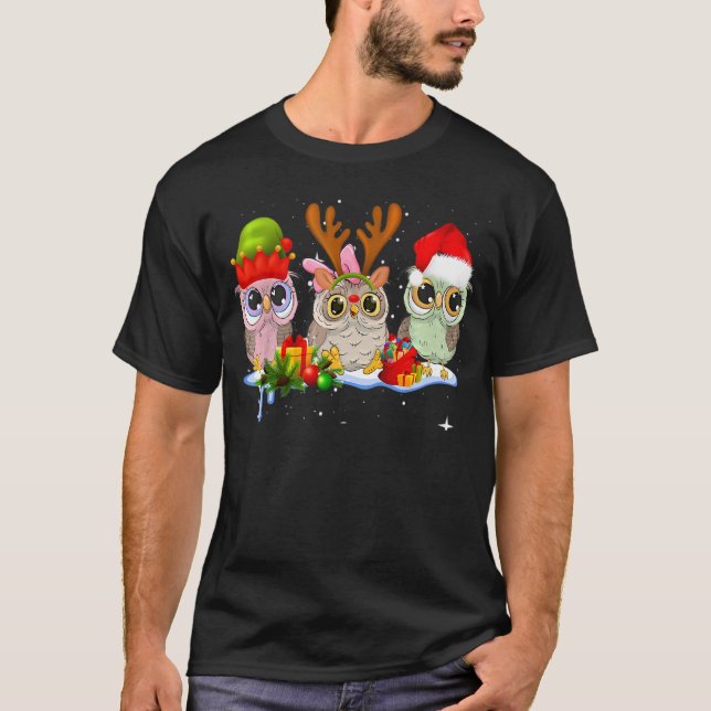 T-shirt Christmas Farm Animals Owl Santa Hat Family Pajama (Devant)