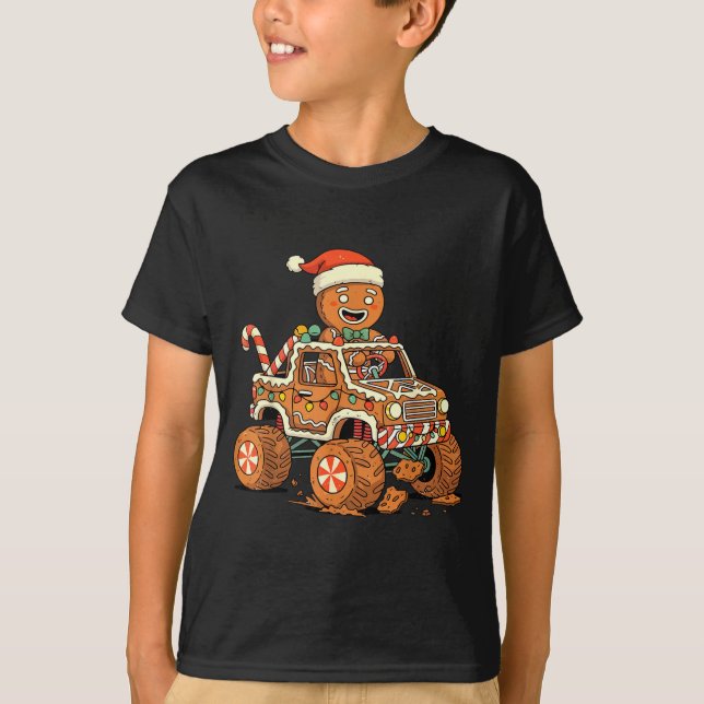 T-shirt Christmas Gingerbread Man Driving Truck Xmas Light (Devant)