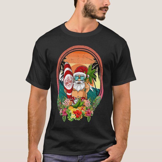 T-shirt Christmas In July Party Costume Santa Surfing Vint (Devant)