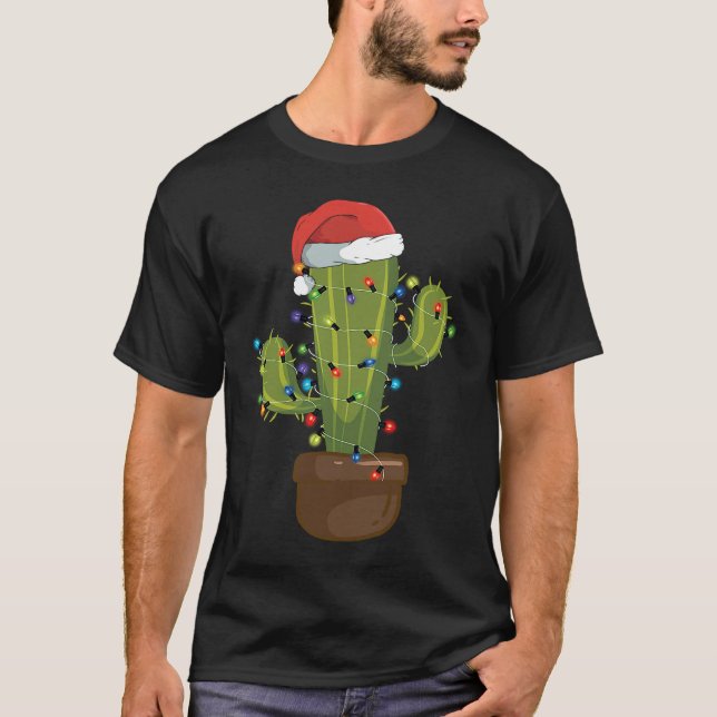 T-shirt Christmas Lights Cactus Santa Hat  Xmas Cactus (Devant)