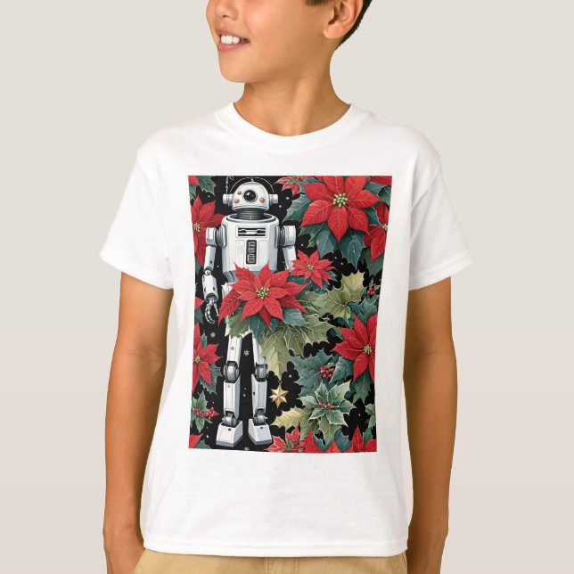 T-shirt Christmas Mech Robot With Poinsettias (Devant)
