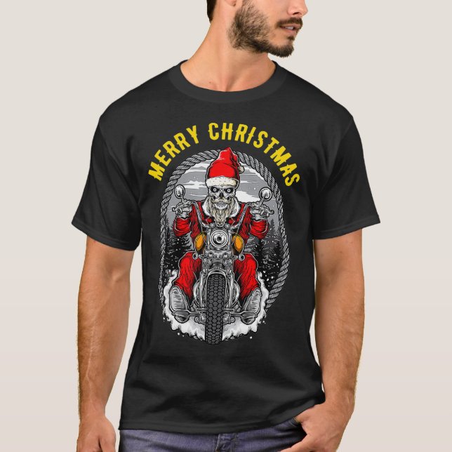 T-shirt Christmas Motorcycle Santa Claus Biker Rider Skull (Devant)