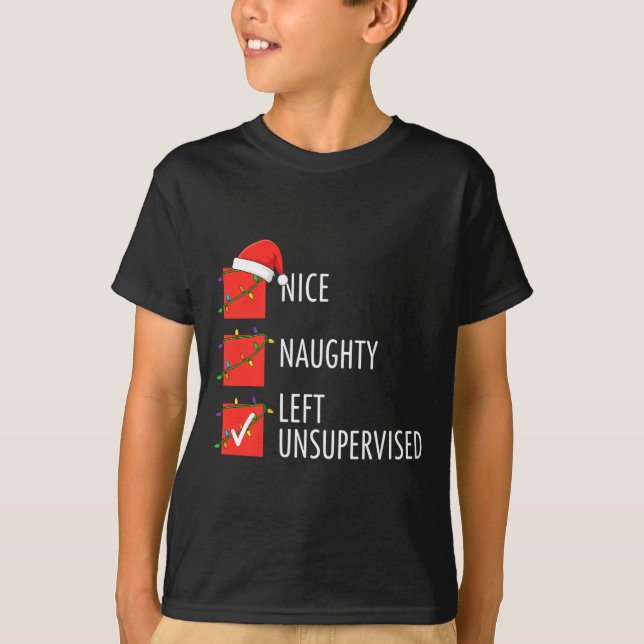 T-shirt Christmas Nice Naughty Left Unsupervised Naughty O (Devant)
